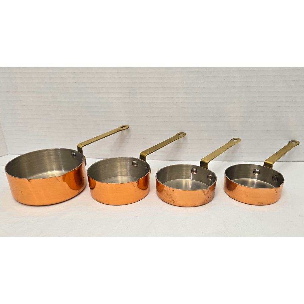 Vintage Korean Copper Measuring Cups Set of 4 with Brass Handles - Rare 3/4 Cup